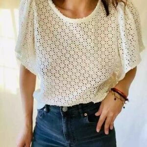 MADEWELL Texture & Thread Eyelet Lace Flutter Sleeve Top Cream Shirt XS Medium